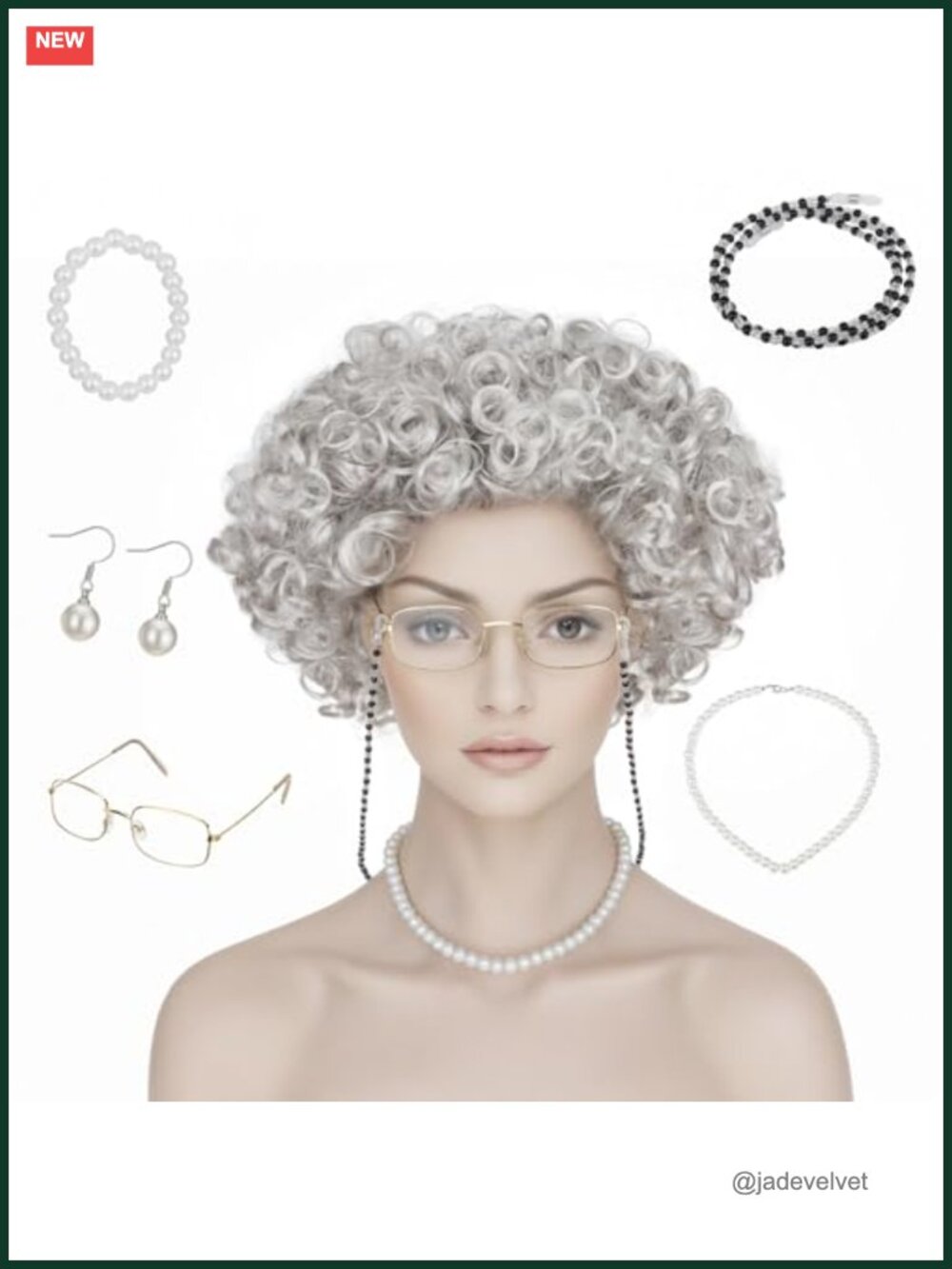 Old Lady Costume Wig Set 7 Pc Granny Glasses Pearl Necklace Bracelet Earrings